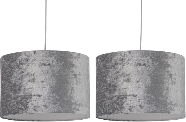Set of 2 Grey Crushed Velvet Pendant Shades, Easy Fit Ceiling Lightshades, Modern Light Shades, Diameter 30cm