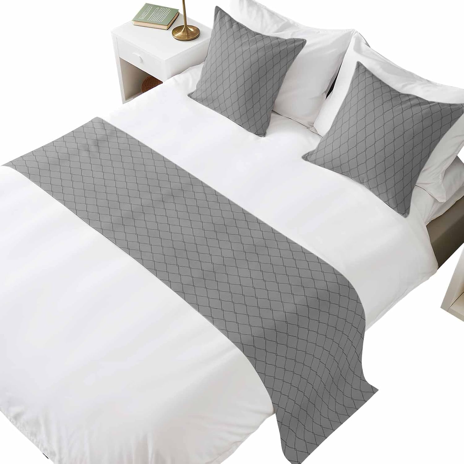 Grey Lattice Geometric Bed Runners for Full/Queen Size Bed, Aesthetics Luxury Abstract Art Bedroom Hotel Bedding Scarf Protector Beds Scarves Throw for Foot and Pillowcase Set 18x18in
