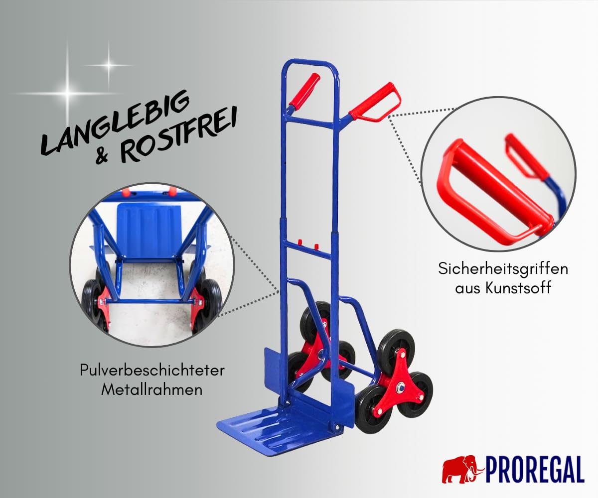 PROREGAL Diable pour escaliers Odin | HxLxP 111x60x43cm | Capacité de Charge 200kg | Pneus en Caoutchouc Dur | Bleu