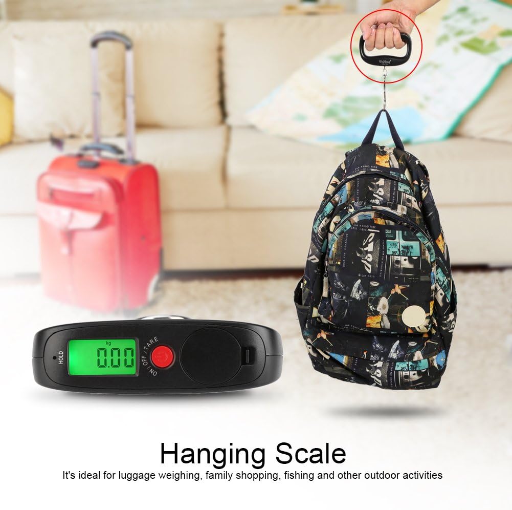 A hand holding the digital hanging scale, weighing a backpack.