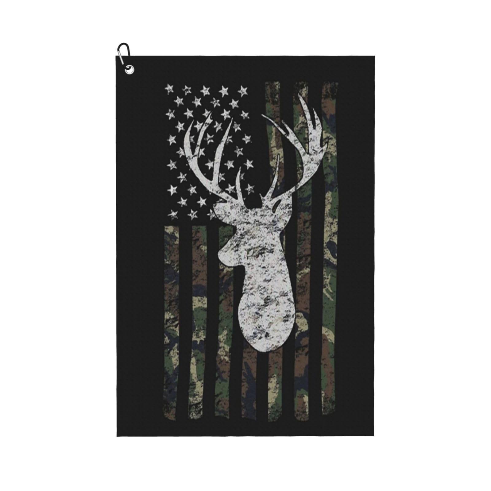 Oudrspo Deer Camo Camouflage American Flag Hunting Black Pattern Ultra Fine Fiber Golf Towel with Mountain Buckle, Golf Cleaning Towel