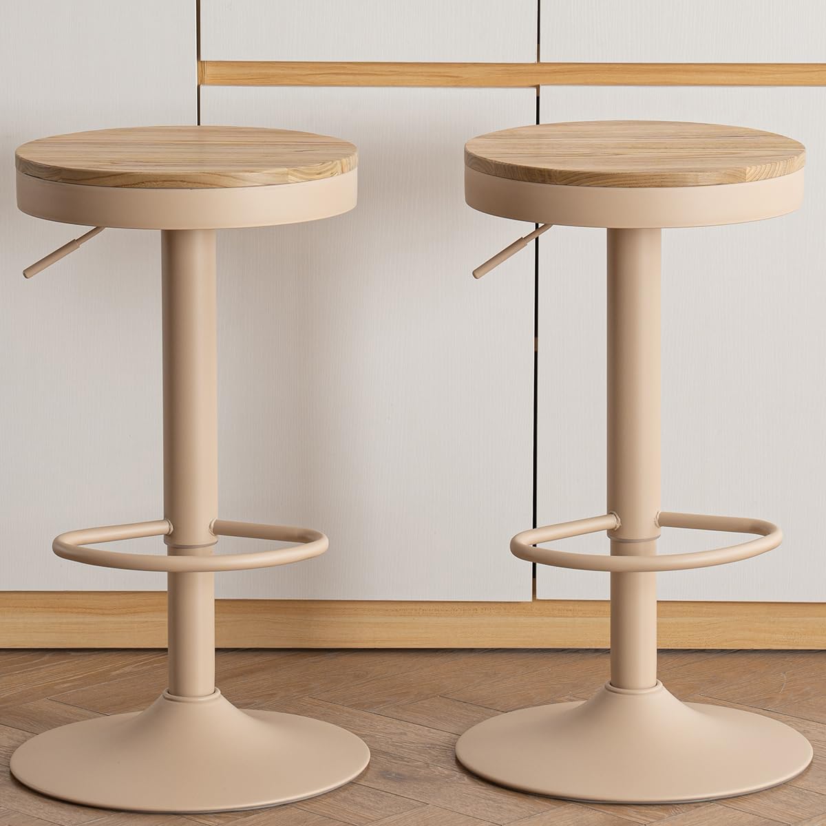 Juego de 2 taburetes de bar redondos y ajustables, sillas de bar modernas sin espalda, asientos de madera, taburetes de altura sin brazos para isla de cocina, cafetería, comedor 5