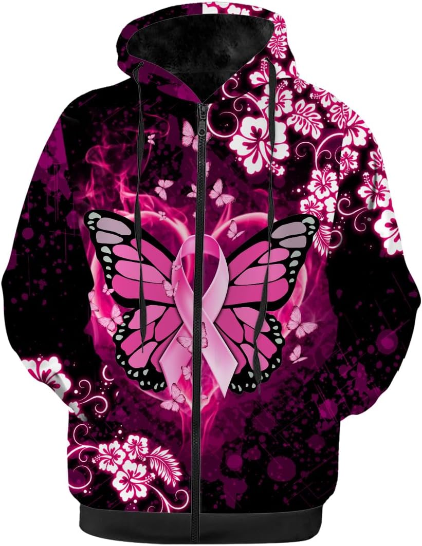 Breast Cancer Womens Winter Jacket,Fleece Lined Zip-up Hoodie Warm Sweatshirt Coat