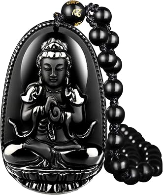 Womens Necklaces and Mens Necklaces black Obsidian Pendant Necklace Obsidian Crystal Pendant Necklace Pattern with Extend Bead Chain for Women or Men Buddha Kwan-Yin