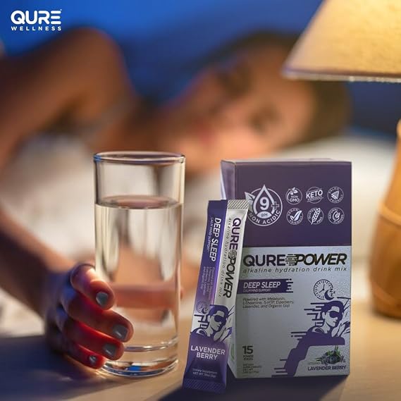 QURE Deep Sleep Aid Drink Mix w/ 5mg Melatonin & L-Theanine for Stress Relief | Non - Habit Forming Magnesium & 5 - HTP Powder | Alkaline Hydration | 15 Sticks (1 Box)