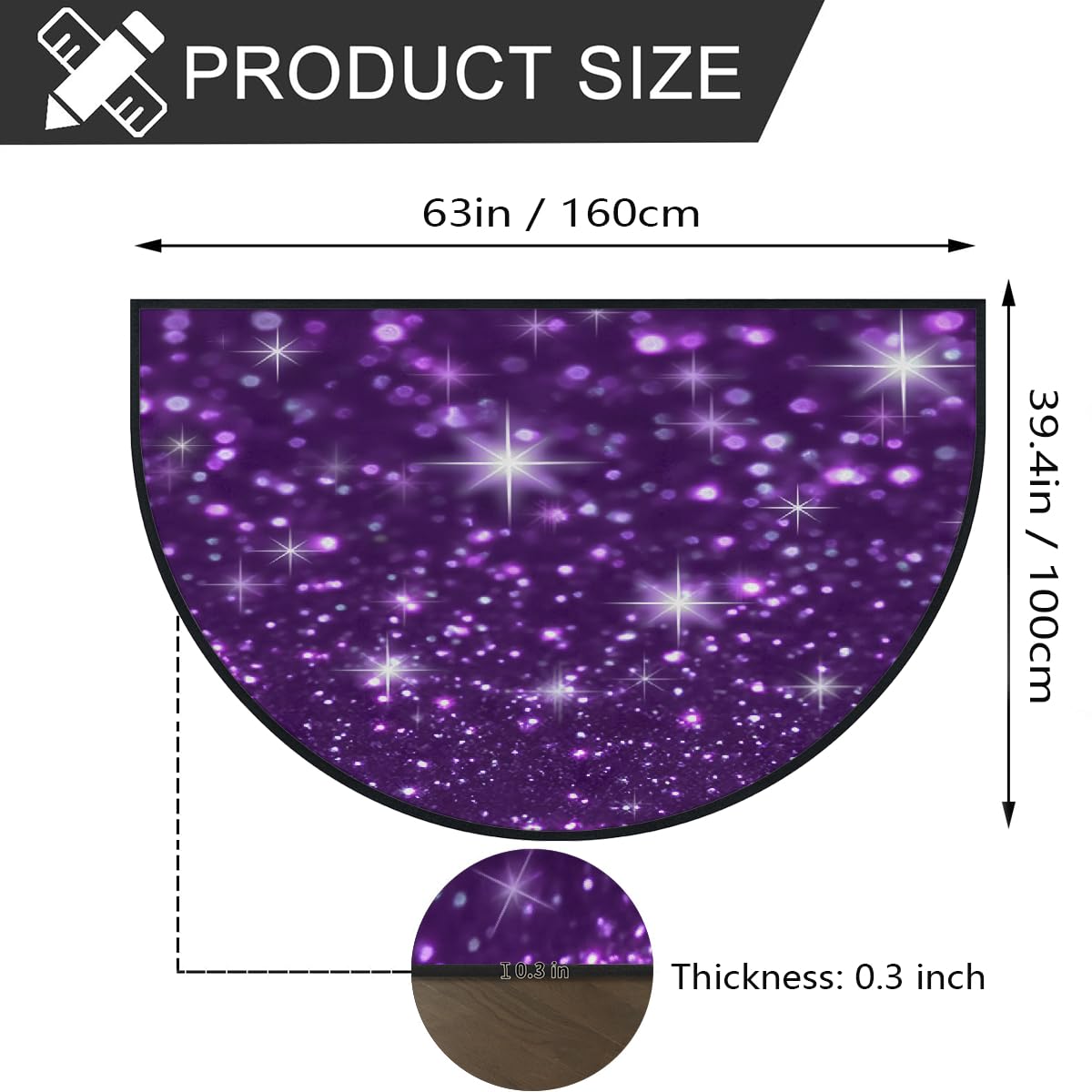 Mexpekil Paillasson demi-rond antidérapant lavable en demi-lune avec motif étoiles et paillettes violettes - 100 x 160 cm