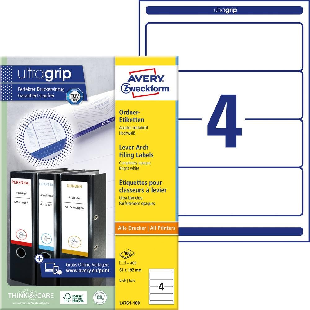 Avery Zweckform L4761-100 Folder Labels for Wide Folders Short e.g. for Leitz Elba Mehle Bene Biella 192 x 61 mm 100 Sheets