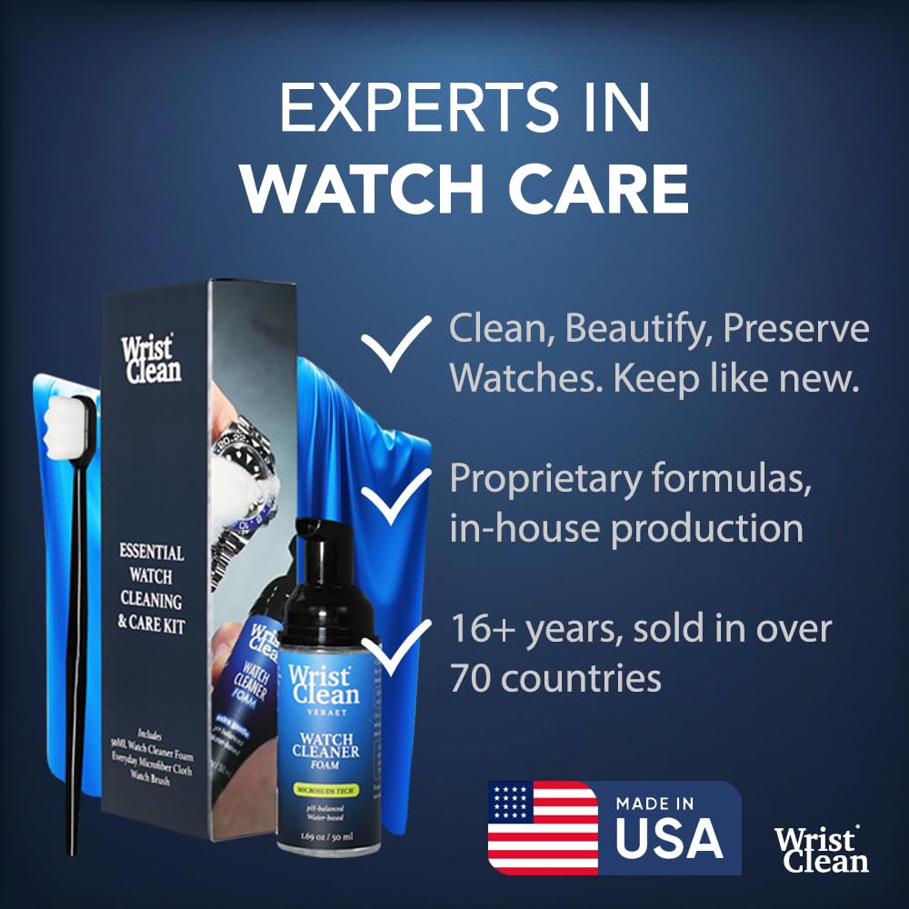 Essential Watch Cleaning Kit | Safe on all Metals & Crystals | (1x) Watch Cleaner Foam 50ML, (1x) Everyday Watch & Jewelry Cleaning Cloth 10"x10", (1x) Watch Cleaning Brush | USA Made (3 piece set)
