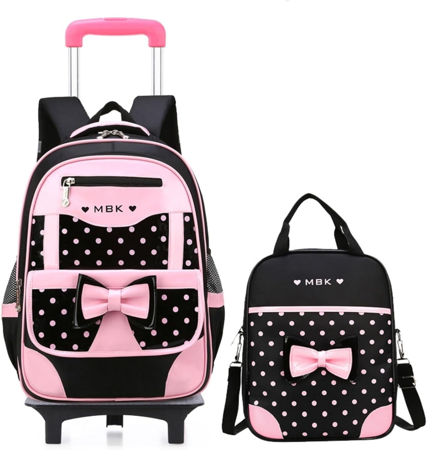 Girls Rolling Backpack Set Cute Bowknot Kids Schoolbag with Wheels Trolly BookBag for School-2 Wheels