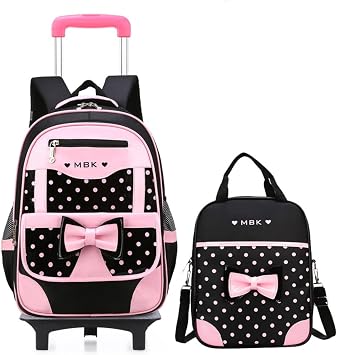Girls Rolling Backpack Set Cute Bowknot Kids Schoolbag with Wheels Trolly BookBag for School-2 Wheels