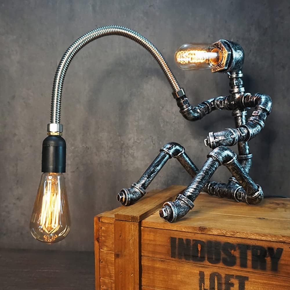 Steampunk Table Lamp Water Pipe Robot Vintage Industrial Style Desktop Cool Table Lamp for Bedside Cafe Bar Night Light Desk Decorations Birthday New Year Gifts