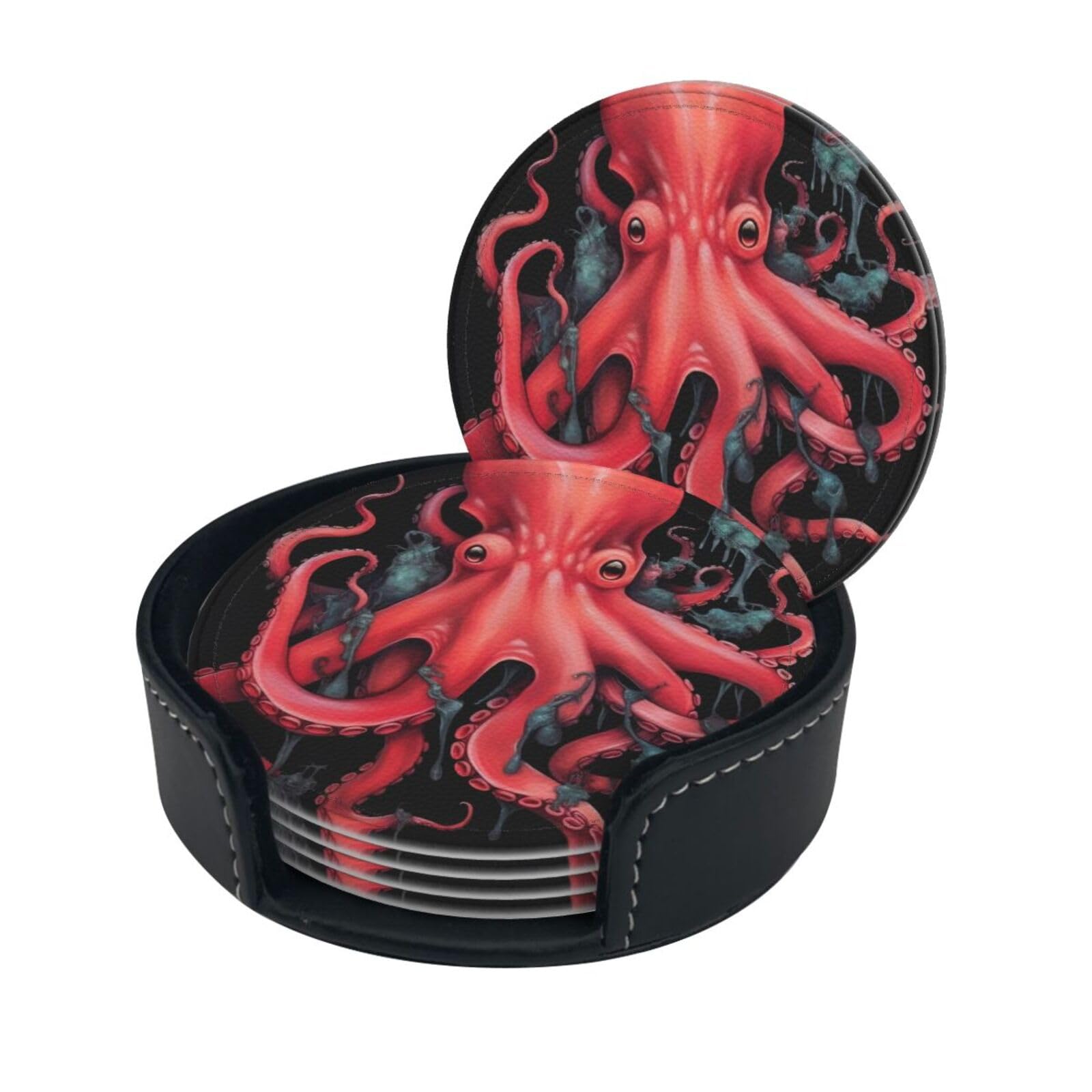 Stylish Coasters - Octopus Intertwined Set of 6 Round Leather Drink Coasters with Holder - Perfect Size for Cups and Glasses