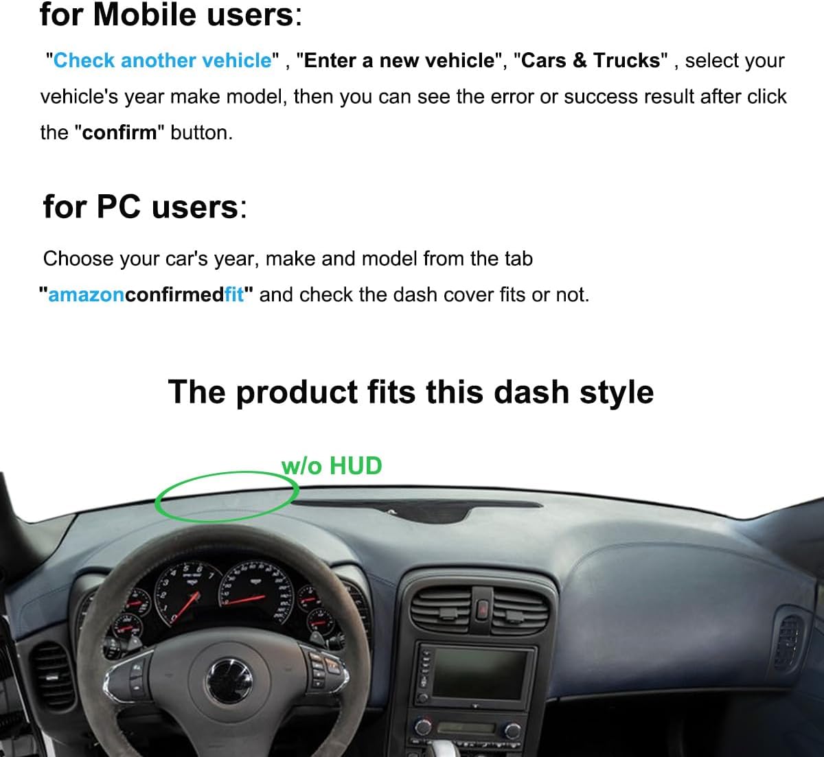 Dash Cover Mat Custom Fit for Chevrolet Chevy Corvette w/o Head Up Display w/o Speaker, Dashboard Pad Cap Carpet Protector K352A (Black)