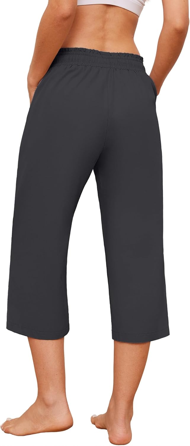 Larmliss Womens Capri Pants Loose Wide Leg Drawstring Elastic Waist Casual Lounge Cropped Pants with Pockets Dark Gray - Image 5