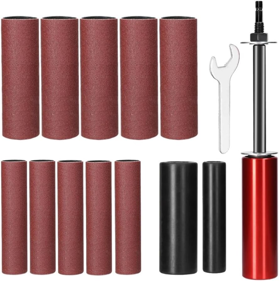 OUTMX Handheld Spindle Sander Drum Kit for Drill – Aluminum Alloy Mandrel with Rubber Sanding Drums & Sandpaper, 1.5" Diameter Sanding Set for Wood, Metal, Plastic, Glass, and Stone(Red)