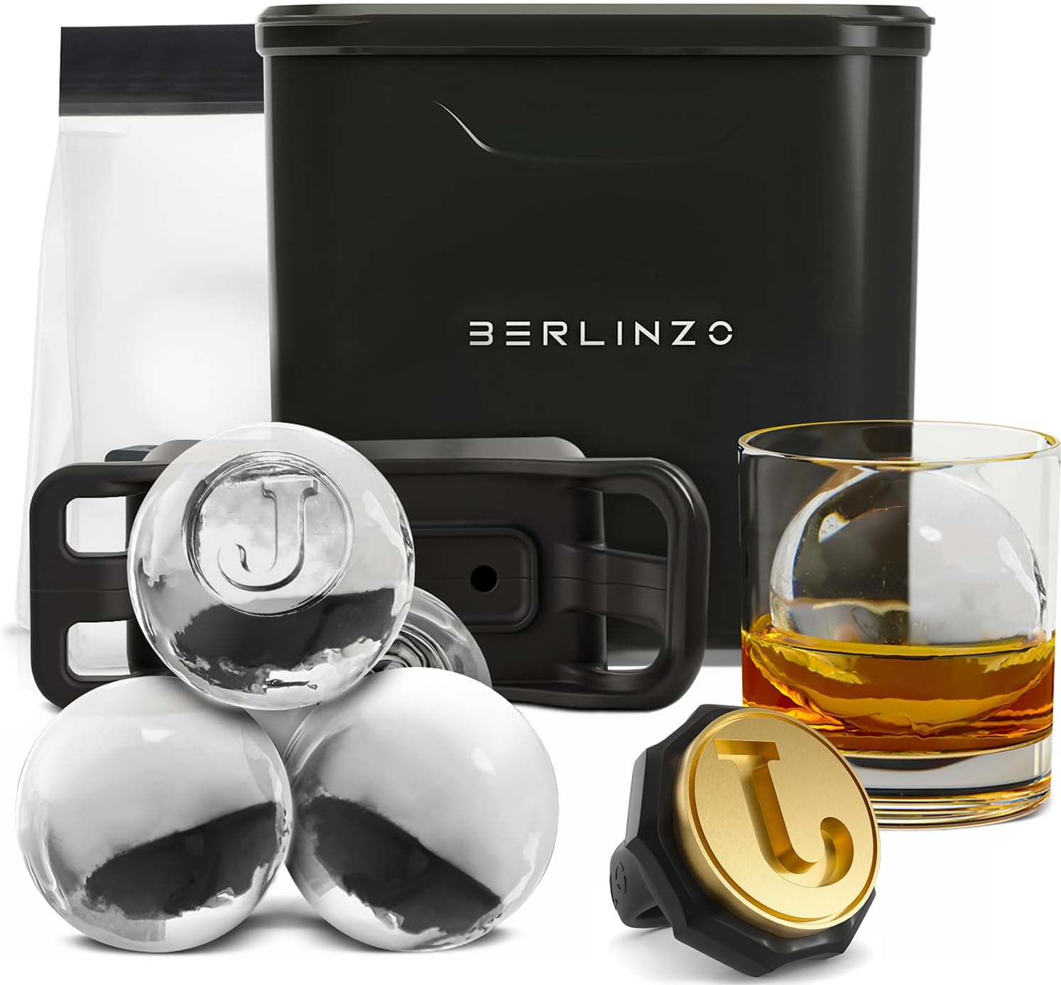 Berlinzo Premium Clear Ice Ball Maker Mold with J Stamp Ring - 2 Large 2.4" Crystal Clear Ice Balls - Easy-to-Remove Ice Sphere Mold - Storage Bag Included, Black (Non-Electric Ice Maker)