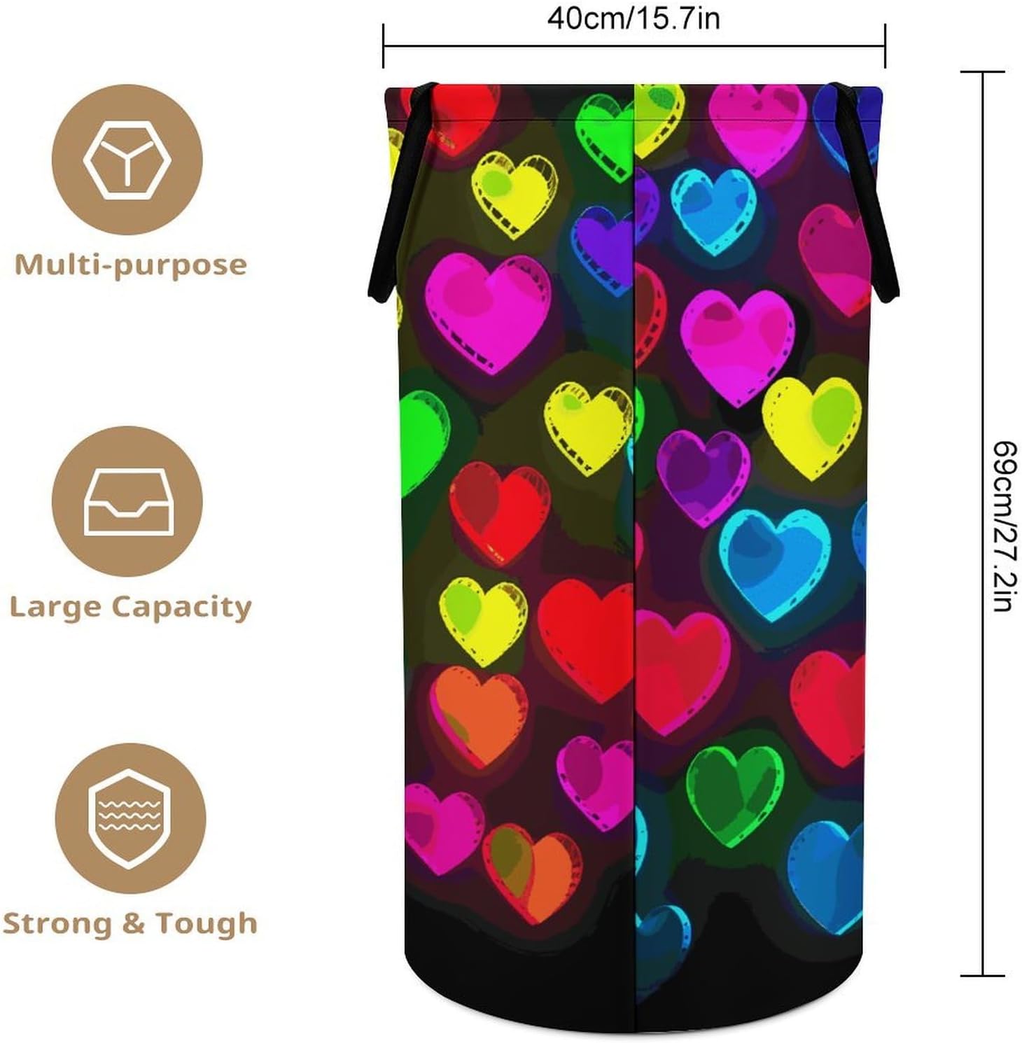 Rainbow HeartsLaundry Hamper - Large Dirty Clothes Bag.Storage Basket for Easy Carry Handles. Large Clothes Basket with Handles, Clothing Storage Bucket Toy Organizer for Bathroom Bedroom Dorm.