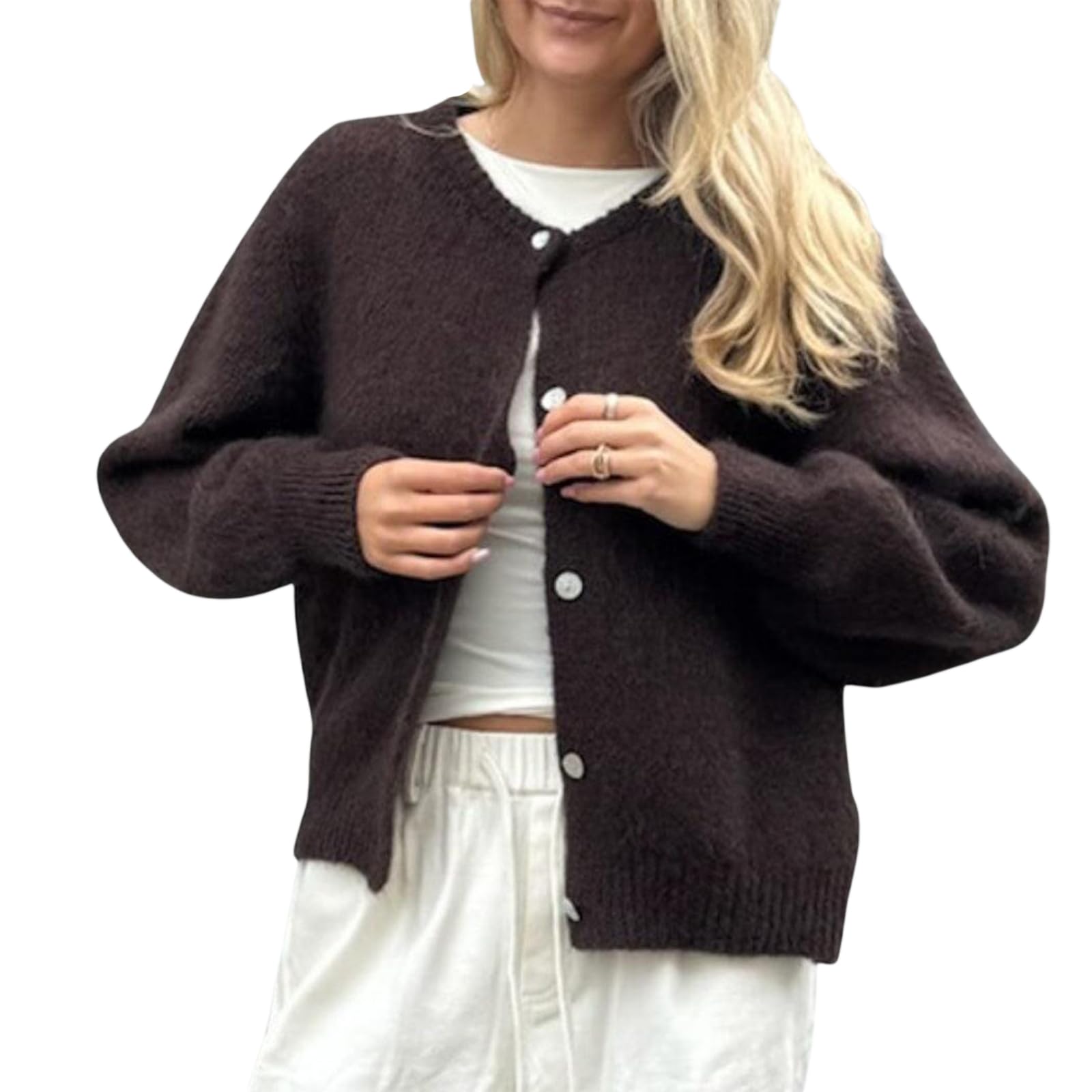 yileegoo Women Chunky Knit Cardigan Lantern Sleeve Button Down Crew Neck Pullover Tops Autumn Winter Loose Fluffy Jacket Coats Outerwear-picture-44