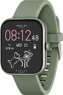 RADLEY Reloj inteligente serie 32 para mujer con llamada Bluetooth, rastreador de salud y fitness, 1.8 pulgadas, frecuencia cardíaca, seguimiento del sueño, correa de silicona verde oliva oscuro,