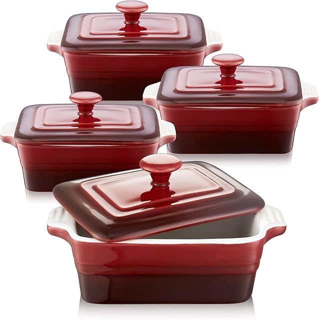 LOVECASA Ceramic Ramekins with Lids, 380ml Souffle Dishes for Creme Brulee, Ice Cream and Souffle, Rectangle, Rust red Gradient, Set of 4