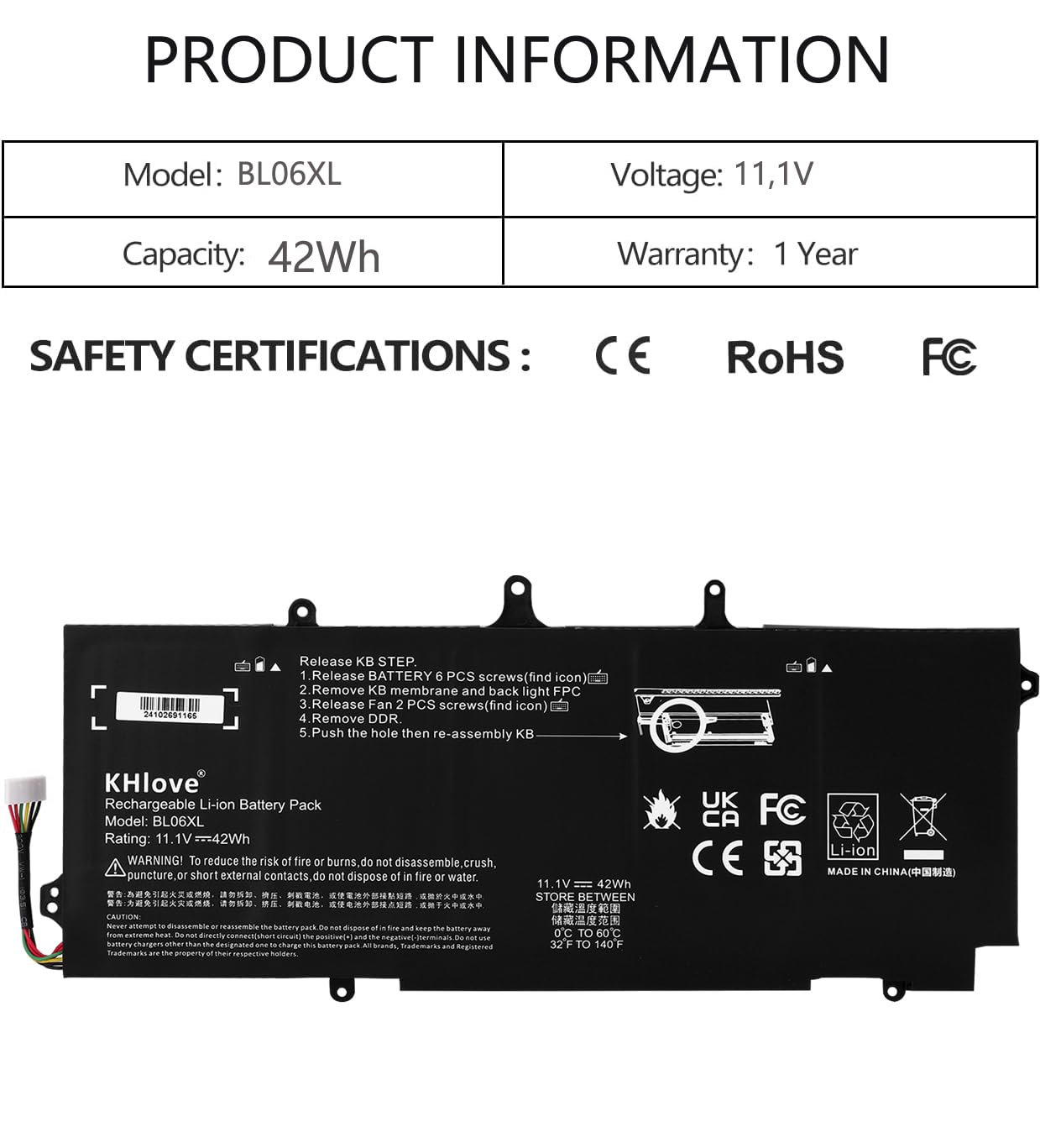 42Wh BL06XL Batteria per HP EliteBook Folio 1040 G1 1040 G2 Series BL06042XL BLO6XL HSTNN-IB5D 722236-171 722236-1C1 722236-271 722236-2C1 722297-001 722297-005 HSTNN-DB5D W02C Battery