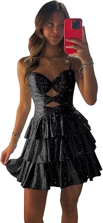 Short Homecoming Dresses Tiered Sparkly Black Sequin HOCO Dress A Line Cut Out Backless 2025 Cocktail Party Gowns 6