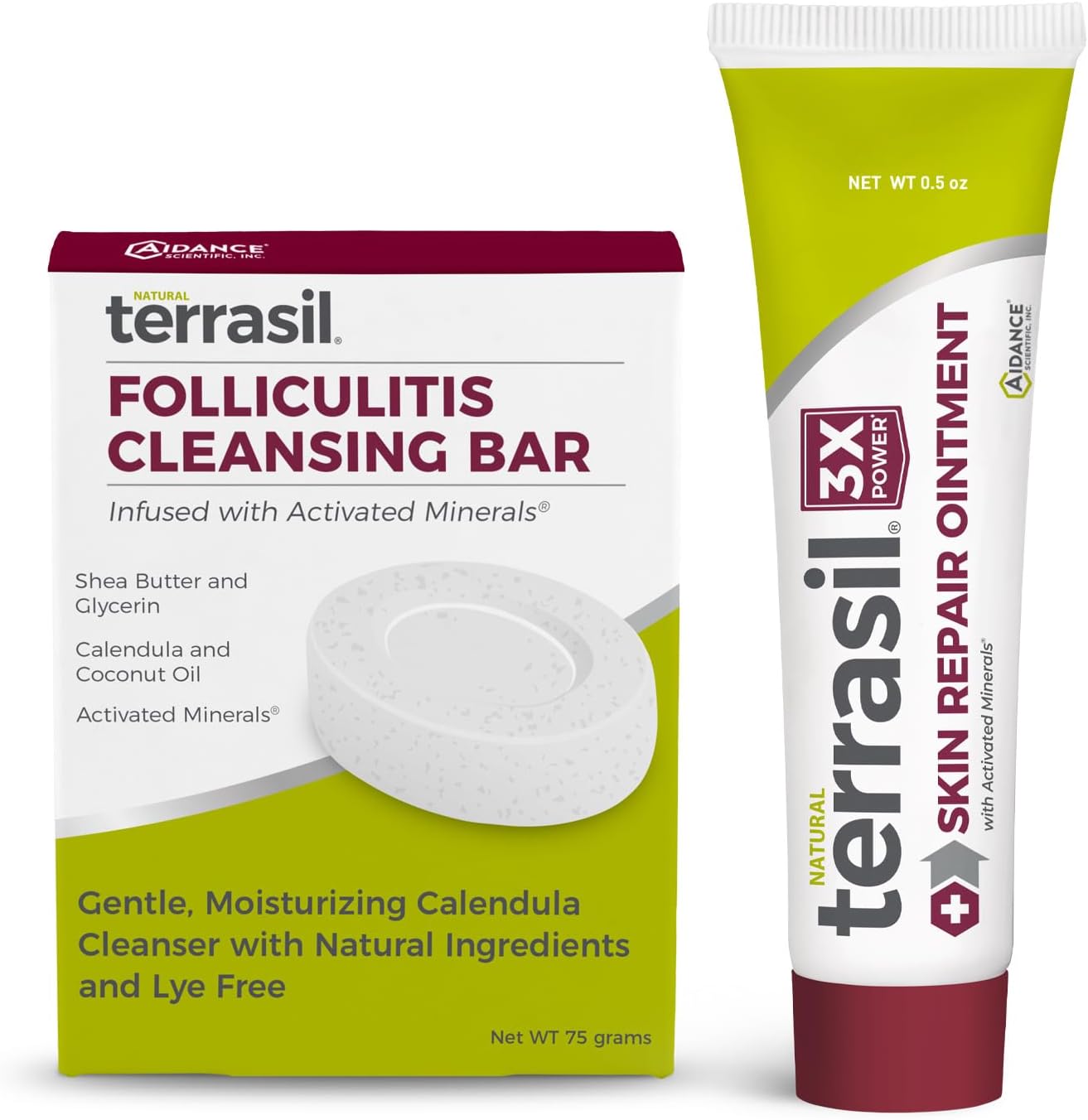 terrasil Skin Repair Bundle for Folliculitis, Ingrown Hair, Boil Treatment, Razor Burn, Angular Cheilitis Treatment, & More, Dermatologist Tested & Hypoallergenic Approved (0.5oz Tube & 75gm Soap Bar)