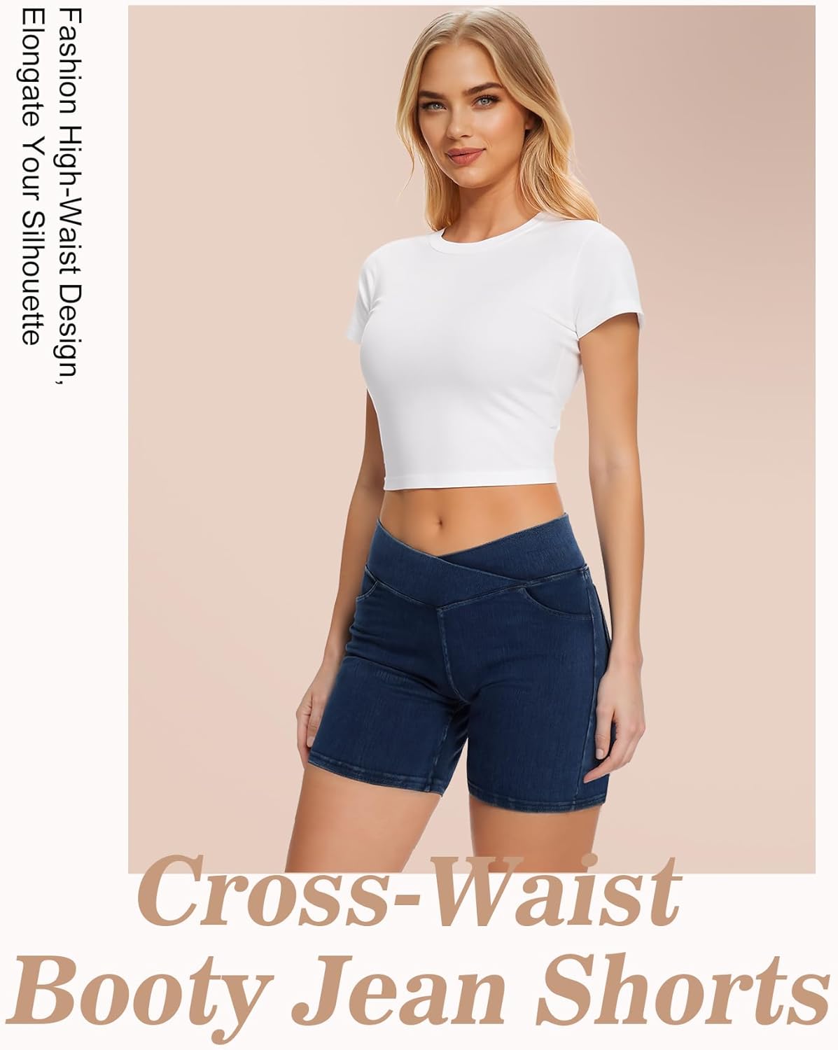 Women’s Stretchy Jean Shorts Crossover High Waisted Pull On Denim Shorts with Pockets - Image 7