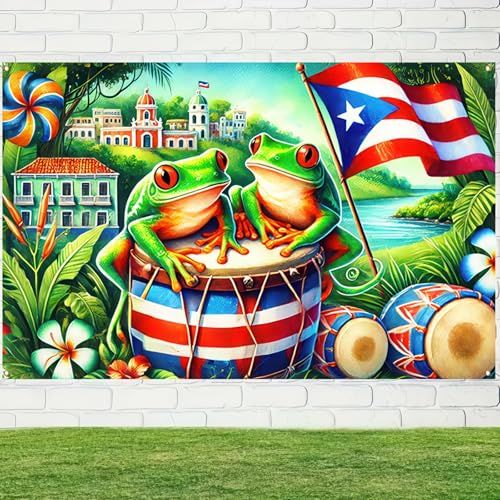 Image of BlissYard Puerto Rico Banner 71 x 43 inchs Boricua Frog Drum Flag Backdrop Tropical Island Festival Wall Decor for Puerto Rican Party Parade Cultural Event Home Decoration