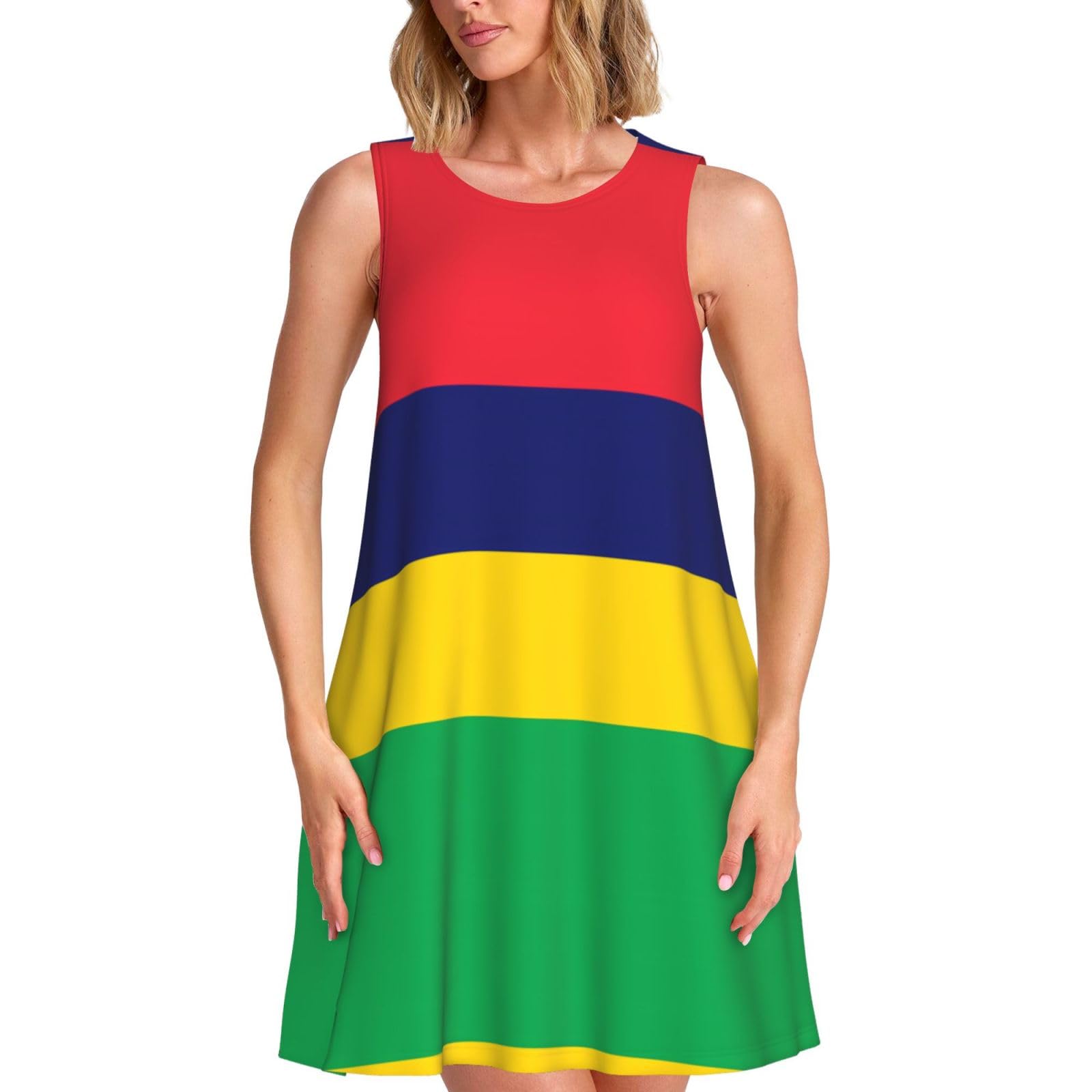 Zqytgfdc Women's Black Flag Of Mauritius Summer Dresses Loose U Neck Sleeveless Sundresses Dress With Pockets, XX-Large Short
