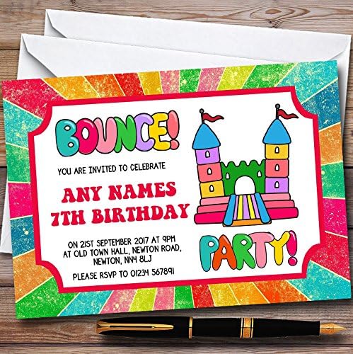 Rainbow Bouncy Castle Personalized Childrens Birthday Party Invitations