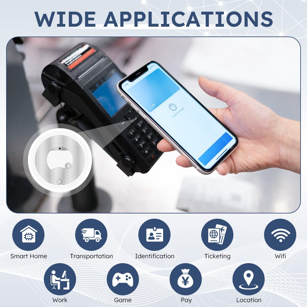 AXFEE 60 szt. znaczników NFC NTAG216, białe okrągłe naklejki NFC, średnica 25 mm, programowalne znaczniki NFC, pamięć RFID 888 bajtów, kompatybilna ze wszystkimi telefonami i urządzeniami
