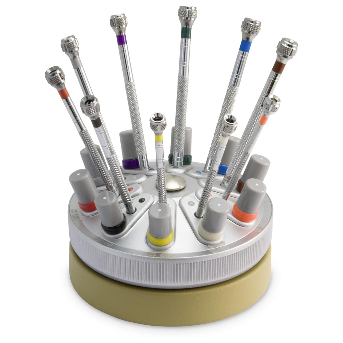 KD89 Beco Technic 10 Cacciaviti per orologiaio di diametro da 0,50 a 3,00 su base girevole, con punte di ricambio, colore: Argento, argento
