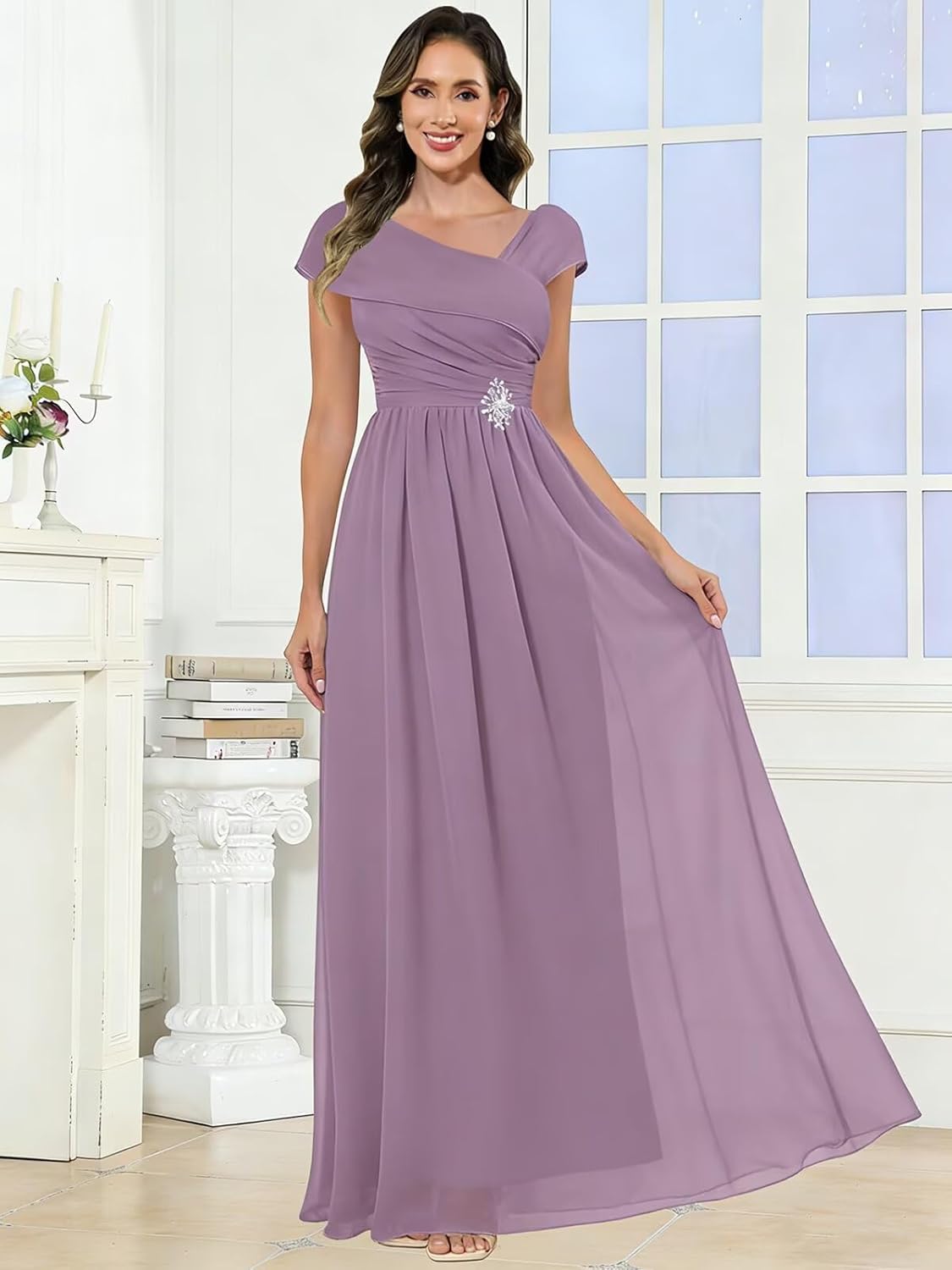 Chiffon Mother of The Bride Dresses with Beaded Long Asymmetric V-Neck Formal Evening Gown