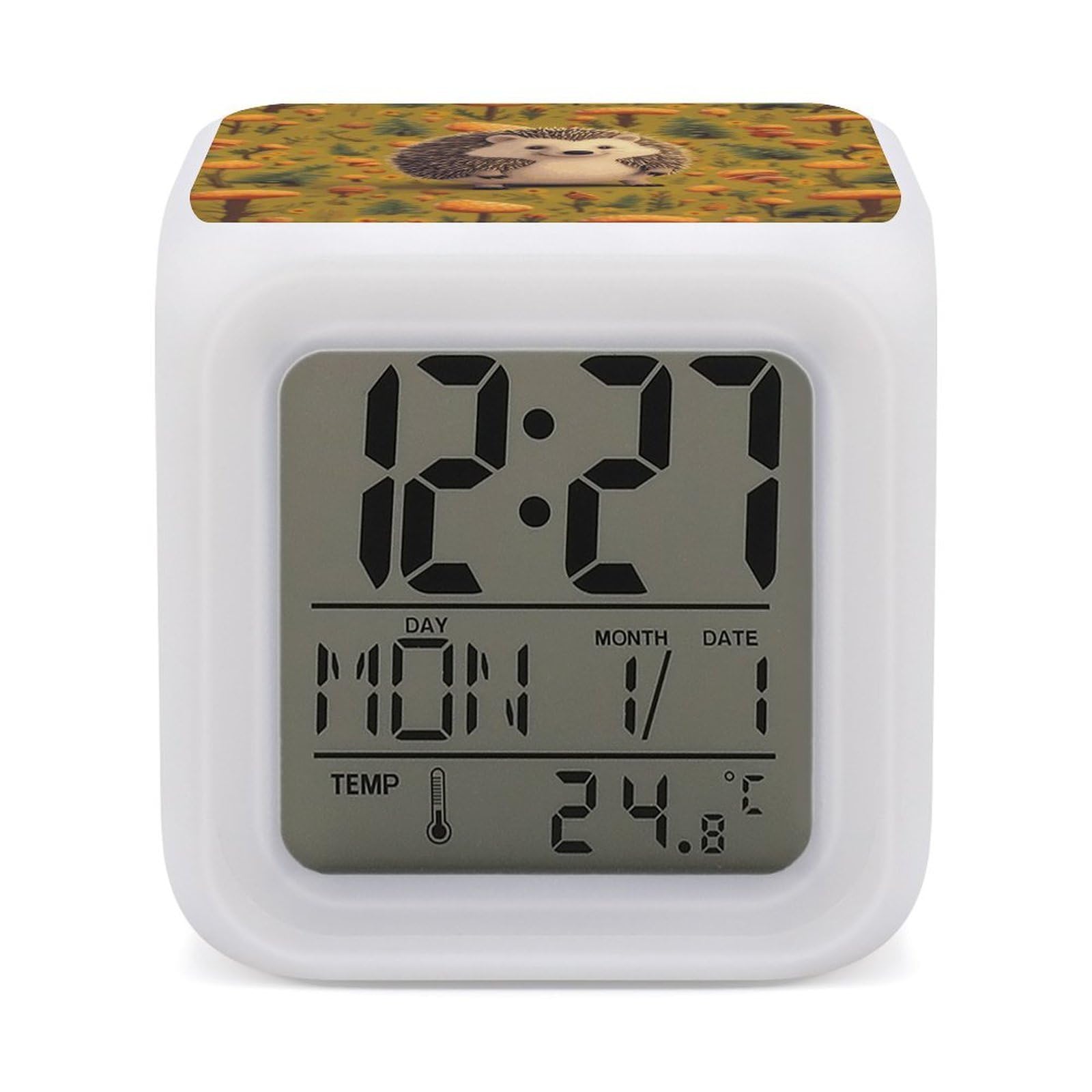 DWVTSLH Hedgehog Alarm Clock with 7 Color Changing Night Light, Wake Up Digital Clock for Bedroom, Bedside Cube Clock with Date, Temperature, Battery Operated Desk Clock Gift