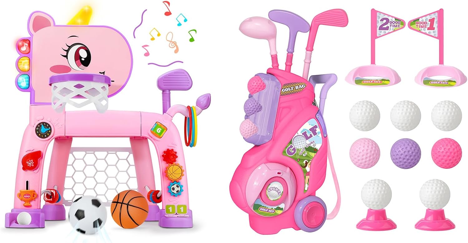 Toys for 1 2 3 Years Old Boy Girl Christmas Bithday Gift Toddler Golf Set and 4 in 1 Toddler Basketball Hoop & Soccer Goal