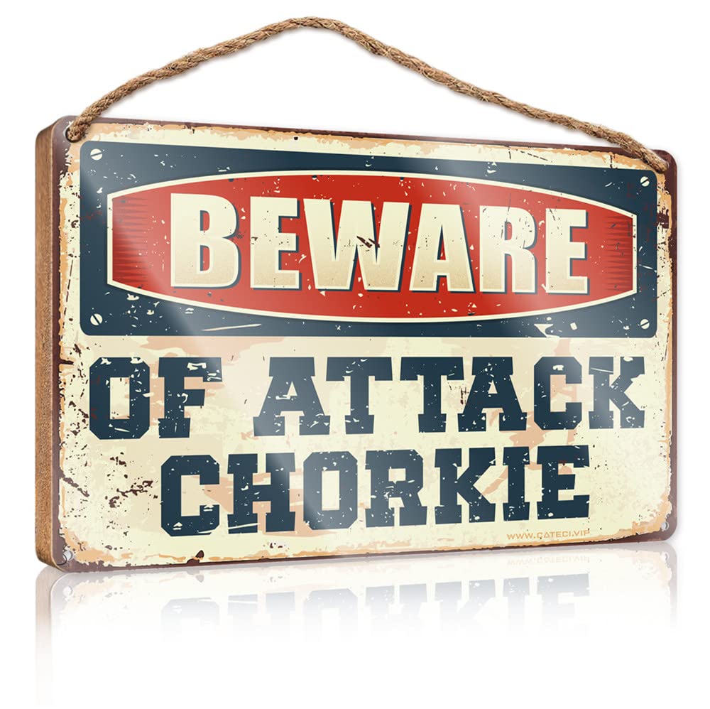 IBWNBBUSN Bathroom Wall Decor Funny Beware Of Attack Chorkie Wooden Sign Restroom Decor Porch Decorations