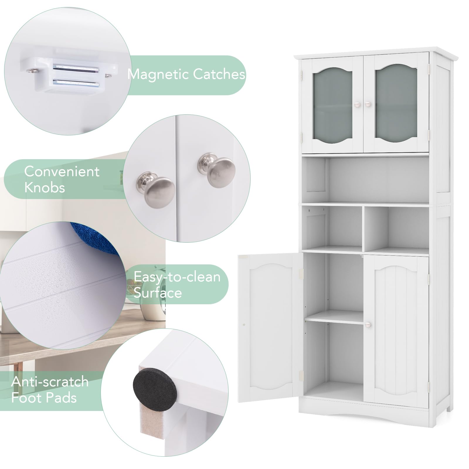 LIFEZEAL Mobile Bagno, Mobiletto Bagno Salvaspazio, 60x30x148,5cm, Armadietto Alto con Ante in Vetro e Ripiani Regolabili, Arredo Indipendente, Armadio Multiuso per Cucina e Soggiorno, Credenza Bianco