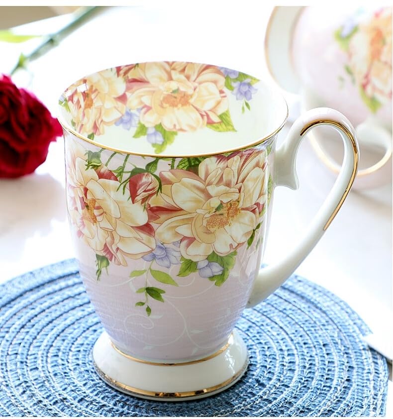 CHARIVA Handcrafted Floral Ceramic Tea and Coffee Cup – Elegant Gold Trim, 300ml (02 Pink Flower)