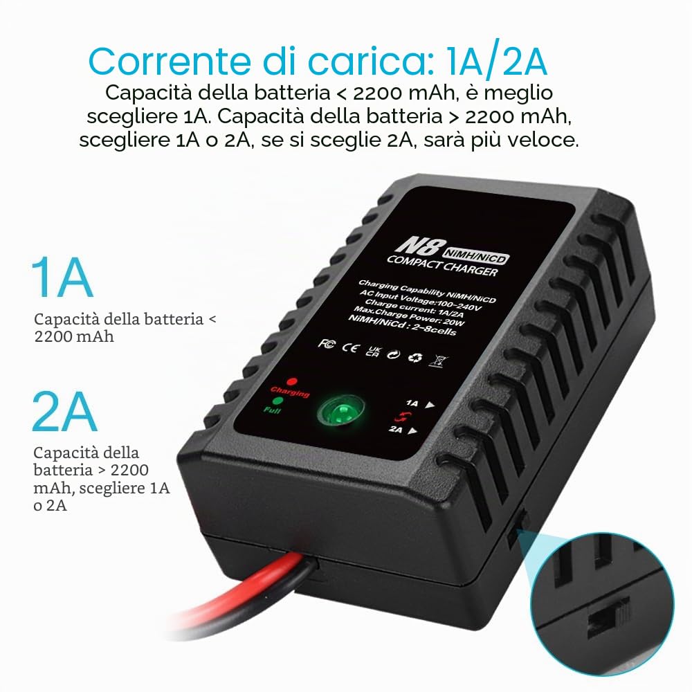 Haisito Caricatore Lipo N8, 2 – 8 s, Smart NiMH/NiCd, con spina standard/mini 2,4 V/9,6 V; adatto per auto airsoft-RC, barche, droni RCA