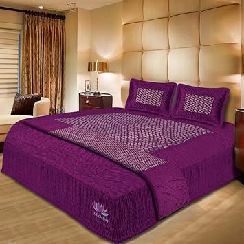 JAXMOM A FURNISHING HUB Satin Gold Printed King Size Bedsheet with 2 Pillow Cover 1 AC Comforter Double Bed Bedding Wedding Set of 4 for Bedroom (Purple)