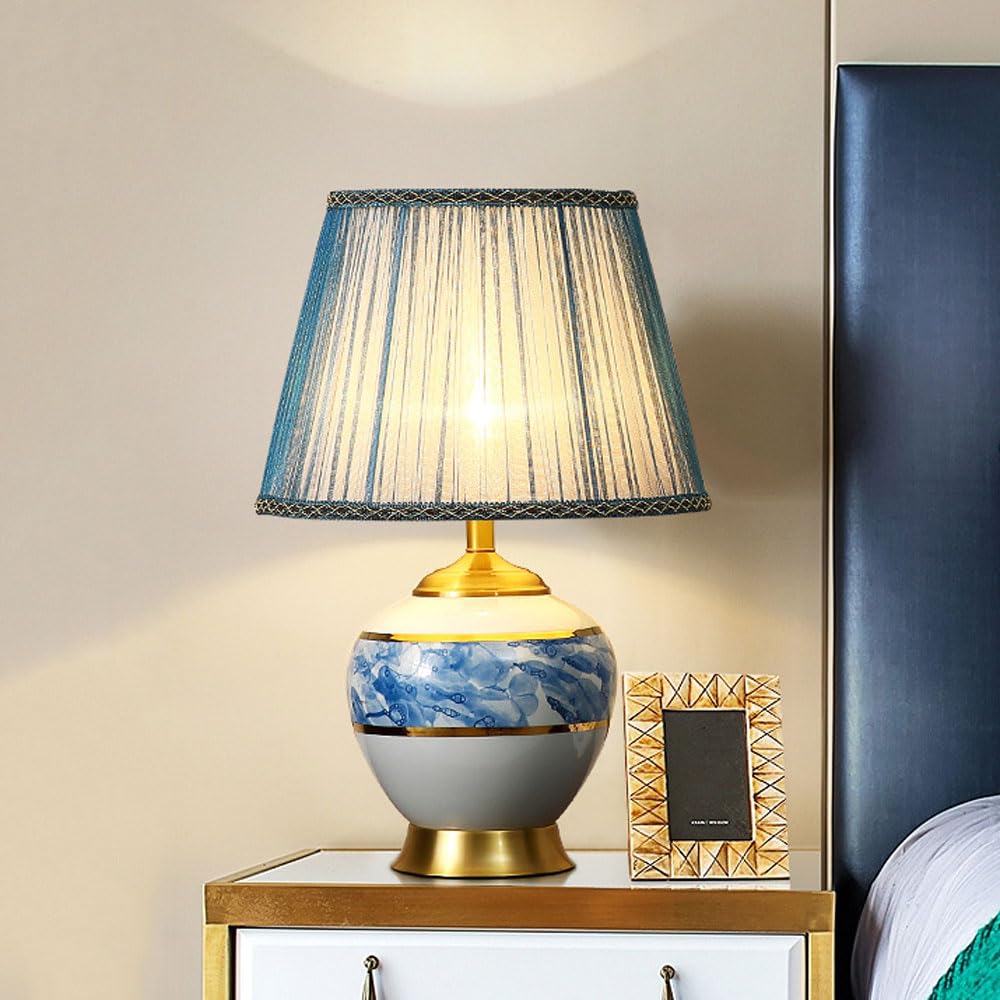 SGKOMN Lake Blue Ceramic Table Lamp, Modern Contemporary Ceramic Bedside Lamps Nightstand Lamp With Fabric Shade For Living Room, Bedroom-36 * 56cm