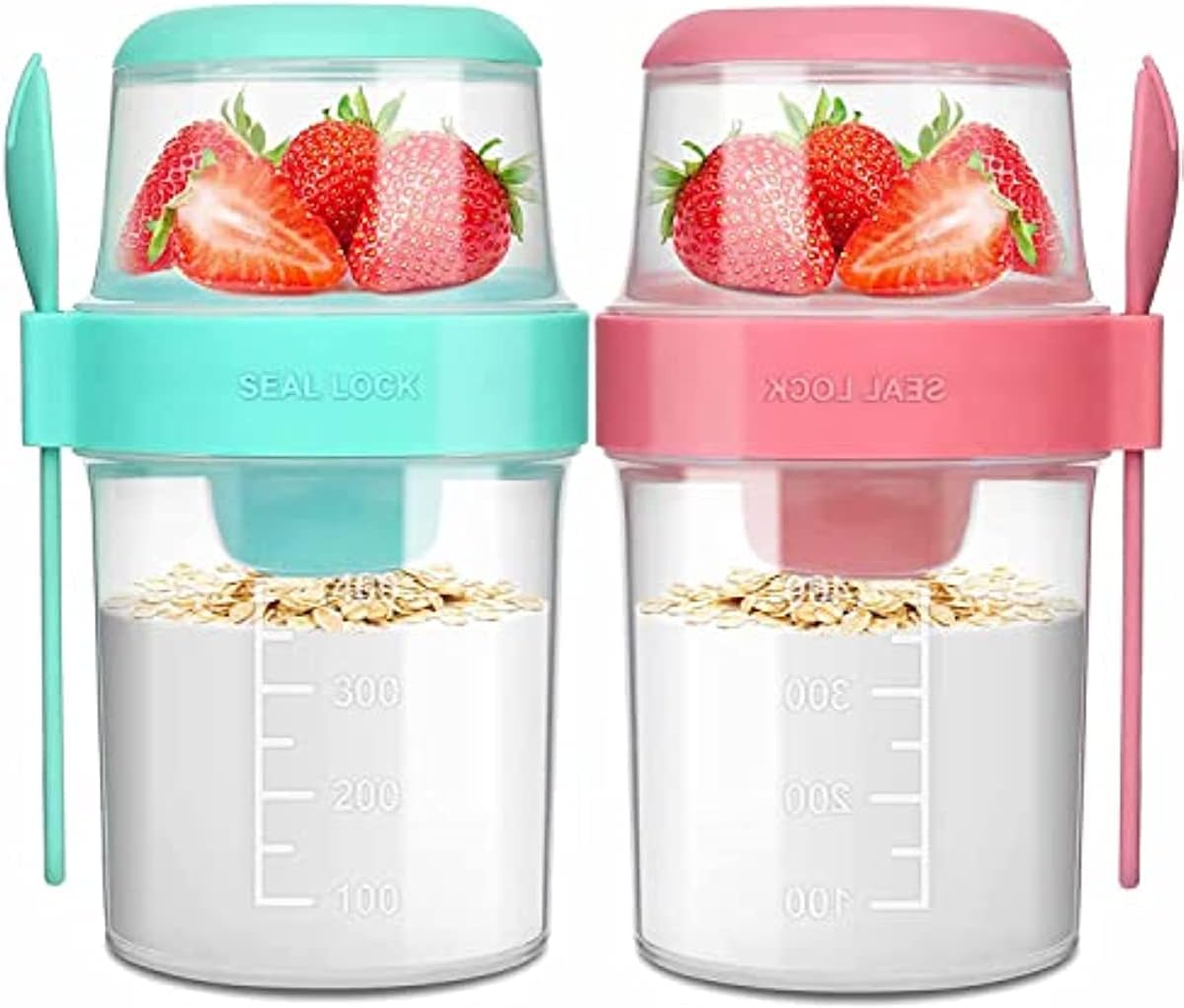 Overnight Oats Container 560ml 2 Pack, 2- Tier with Lid and Spoon, Yogurt Oatmeal Container On The Go, Oats Jars with Lid, Crunch Cup Portable Cereal and Milk to Go Container