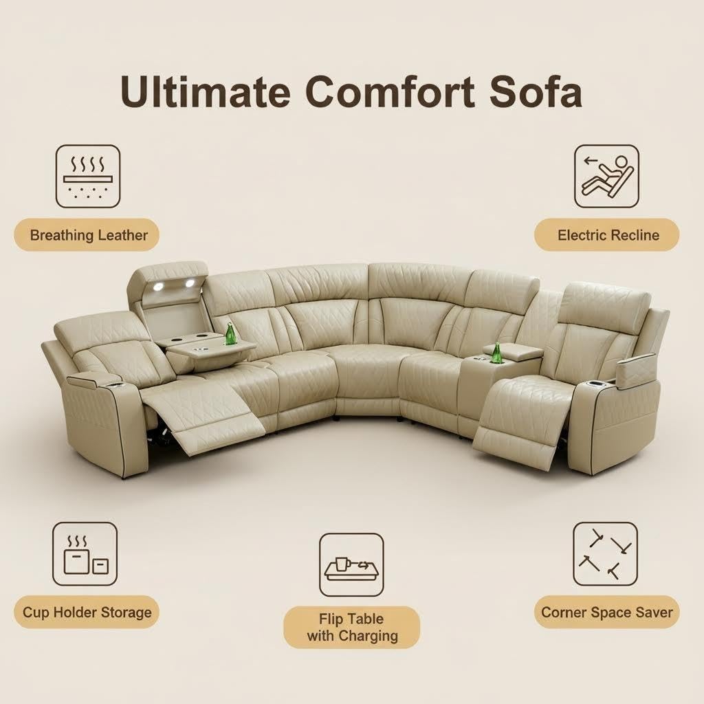Breathing Leather Reclining Sofa Set,Power Recliner Sectional Couch with LED Light,Modern Living Room Furniture Set,Reclining Sectional Couch Set with USB Port/Storage for Home/Home Theater view 8