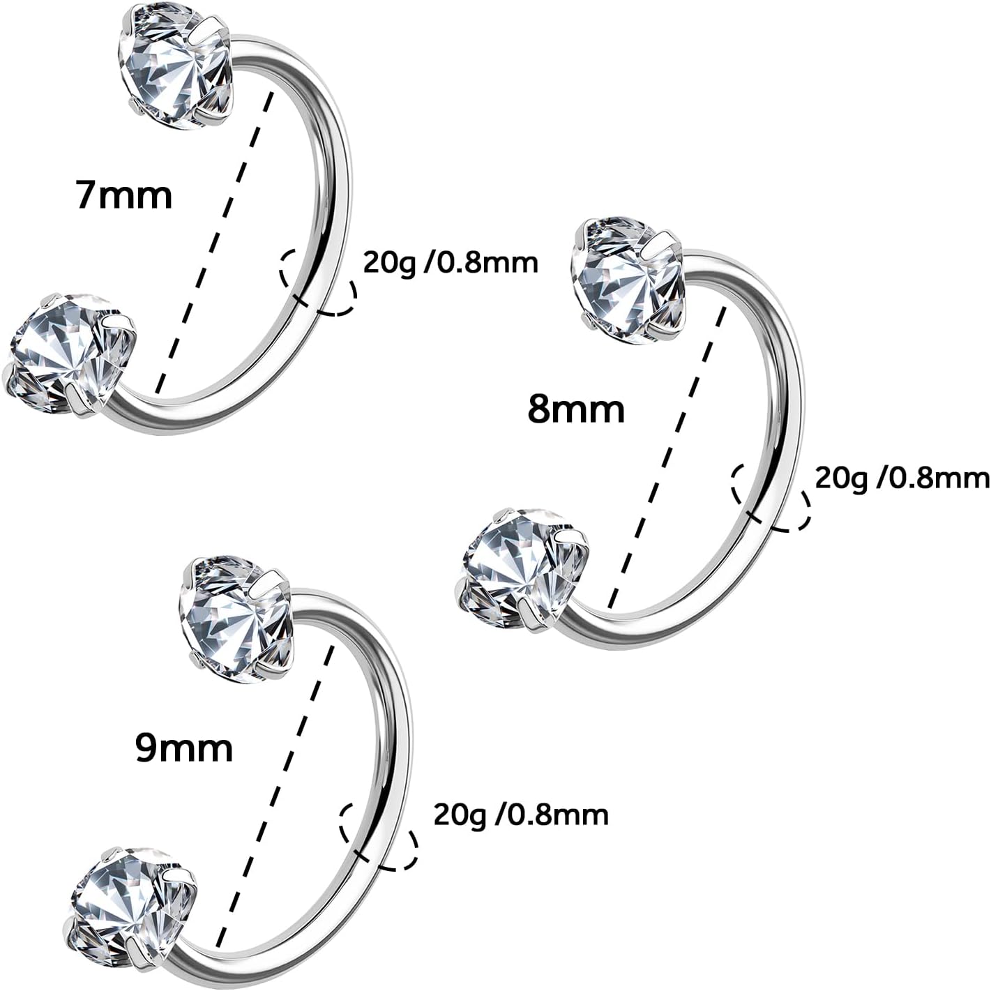 3Pcs 20g Horseshoe Nose Rings for Women, 316L Stainless Steel Threadless Lip Septum Rings Labret Eyebrow Daith Helix Tragus Cartilage Earrings Piercing Jewelry 7mm/8mm/9mm - Image 6