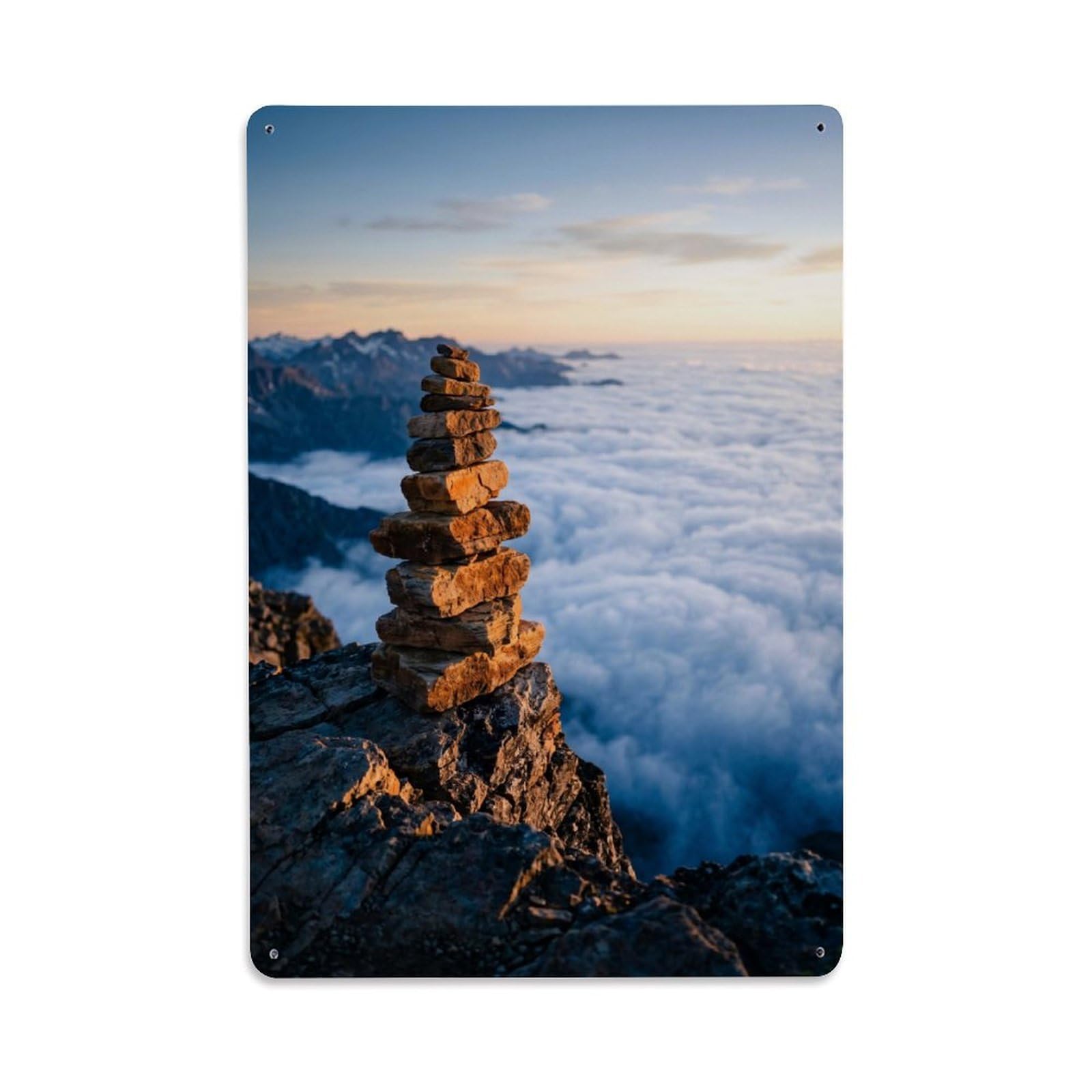 Cloud Sea Mountain Cairn Balance Serenity Zen Meditation Study Metal Tin Sign Plaque Wall Decor for Cafe, Man Cave, Club Bar, Office, Home Garden Round Metal Poster 8x12Inch