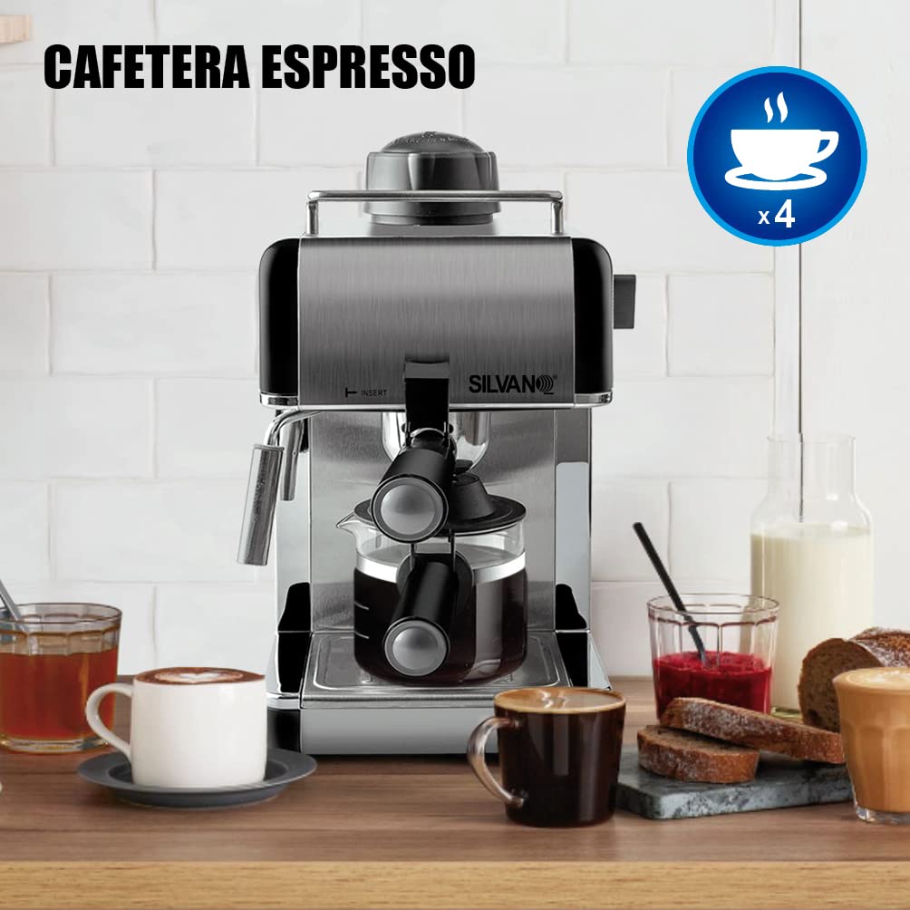 SILVANO Cafetera Espreso de 800 W - Jarra 240 ml con Medidor de Agua - Capacidad de 2 a 4 Tazas - Función Capuchino - Mango Portafiltro - Bandeja Extraíble - Presión 3,5 Bar