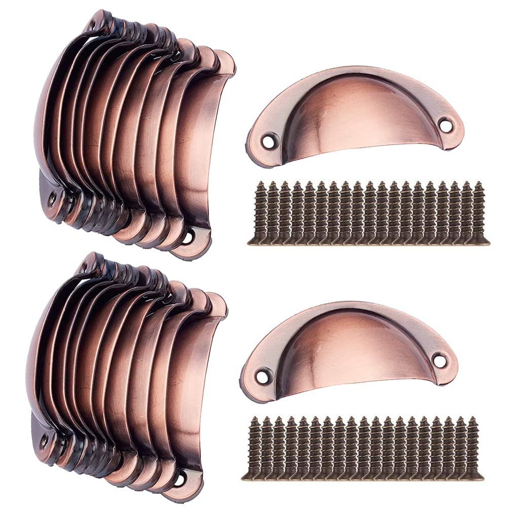 20 Packs Retro Shell Cup Handles, Brushed Red Copper Kitchen Cupboard Drawer Shell Pull Handles with Screws (81 x 35 mm)