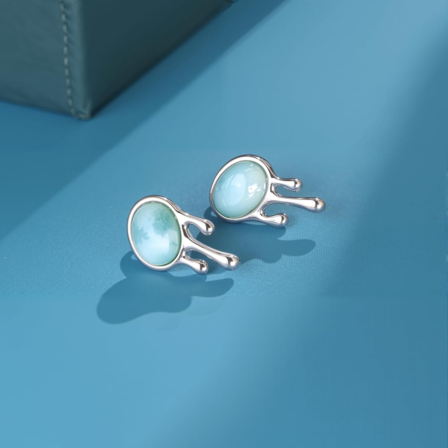 Gemsme Blue Larimar Stud Earrings - 925 Sterling Silver Natural Larimar Hypoallergenic Earrings Jewelry for Women - Image 4