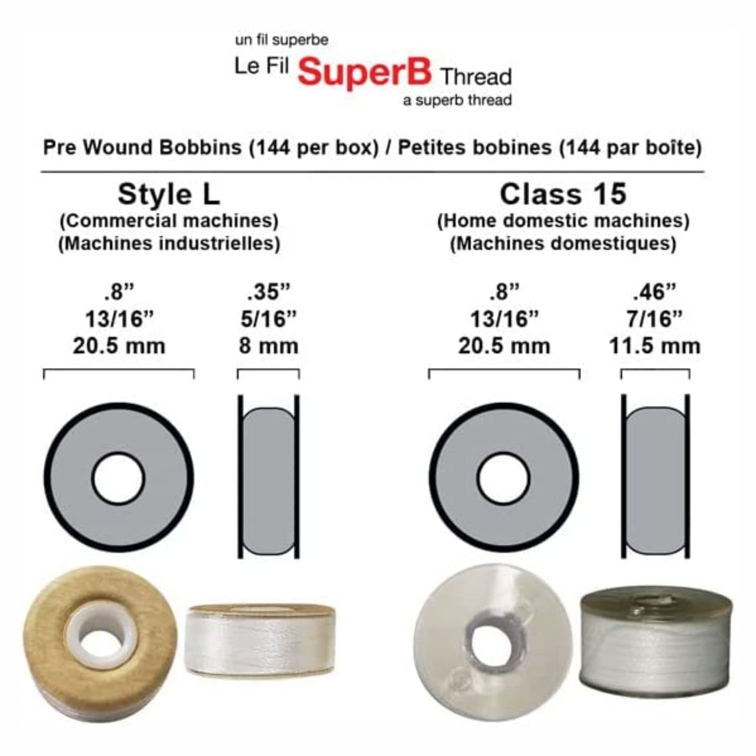 Superbe bobine preavvolte bianche stile L (piccolo) poliestere preavvolto bobine filo, scatola da 144